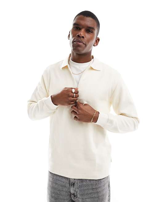 ONLY & SONS long sleeve 1/4 zip polo top in cream | ASOS ONLY & SONS long sleeve 1/4 zip polo top in cream | ASOS