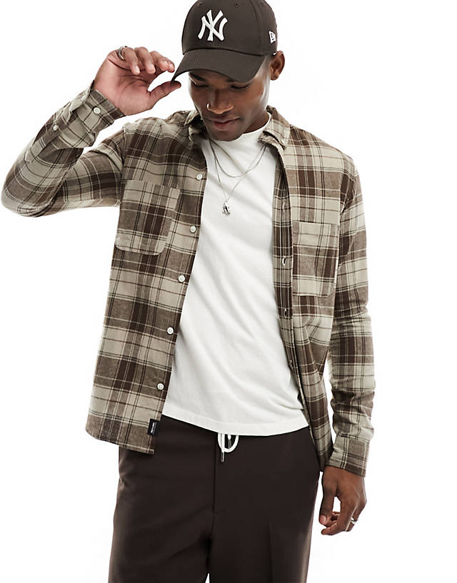 ONLY & SONS - long sleeve check shirt in brown & ecru