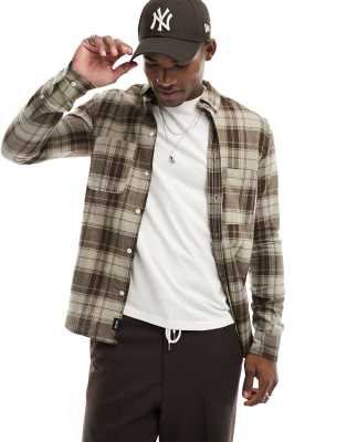 Only & Sons long sleeve check Ritssluiting shirt in brown & ecru