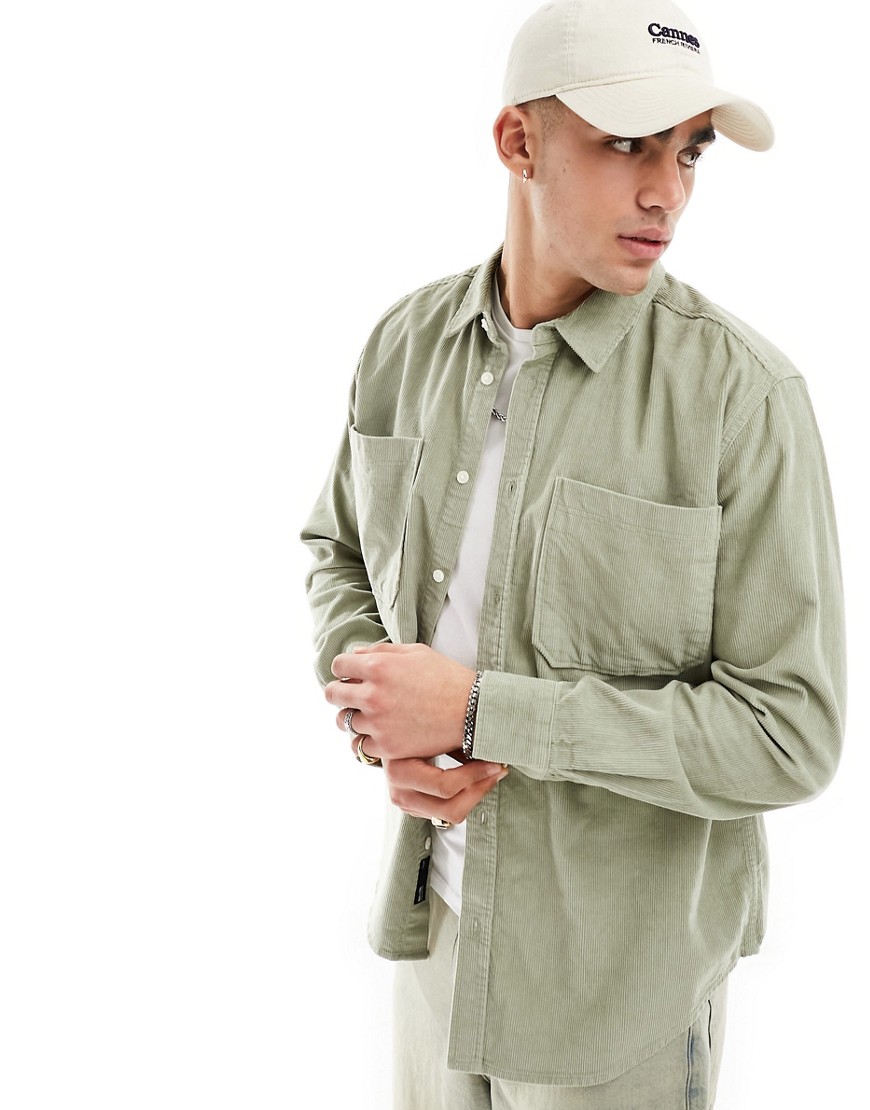 ONLY & SONS long sleeve cord shirt in green