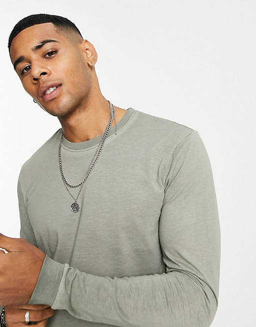 Only & Sons long sleeve cuffed t-shirt in washed green