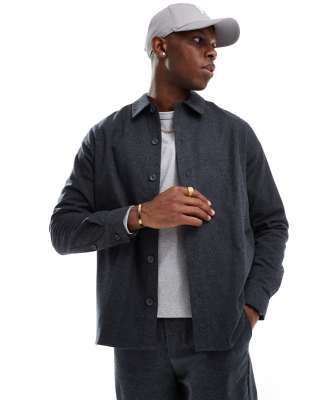 long sleeve flannel shirt in dark heather gray - part of a set-Black