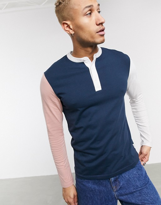 Only & Sons long sleeve grandad collar colour block top in navy
