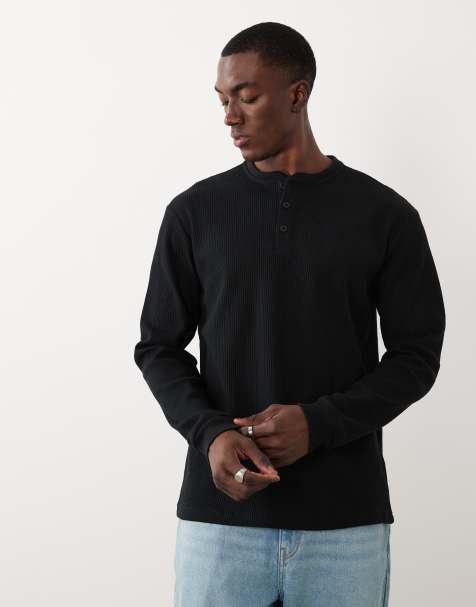 ONLY & SONS long sleeve henley t-shirt in black waffle