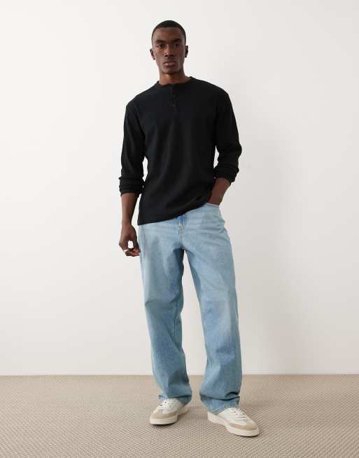 ONLY & SONS long sleeve henley T-shirt in black waffle, 2 of 5