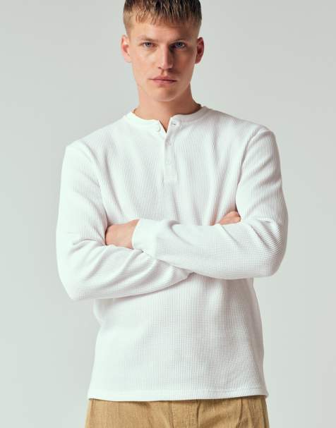 ONLY & SONS long sleeve henley t-shirt in white waffle