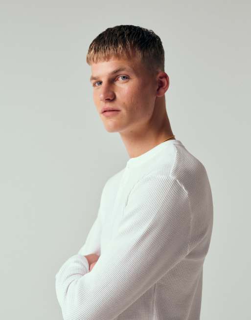 ONLY & SONS long sleeve henley t-shirt in white waffle, 5 of 7