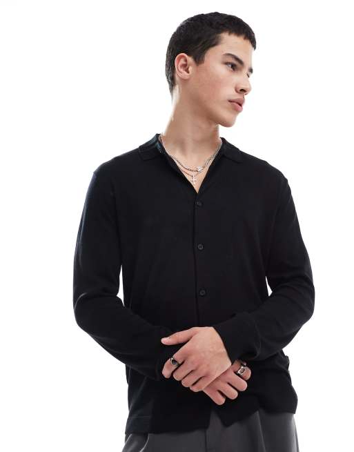 ONLY & SONS long sleeve knit polo in black, 2 of 4