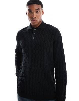 long sleeve knit polo in black