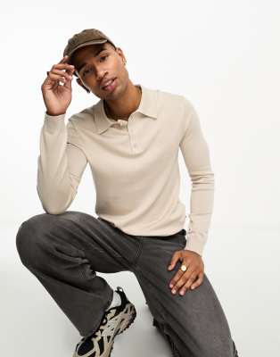 Only & Sons Long Sleeve Knitted Polo In Neutral