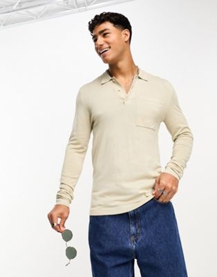 Only & Sons Long Sleeve Knitted Polo In Beige-neutral