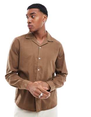 Only & Sons Long Sleeve Revere Collar Waffle Texture Shirt In Brown