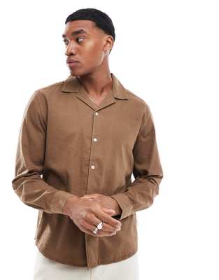 ONLY & SONS long sleeve revere collar waffle texture shirt in brown