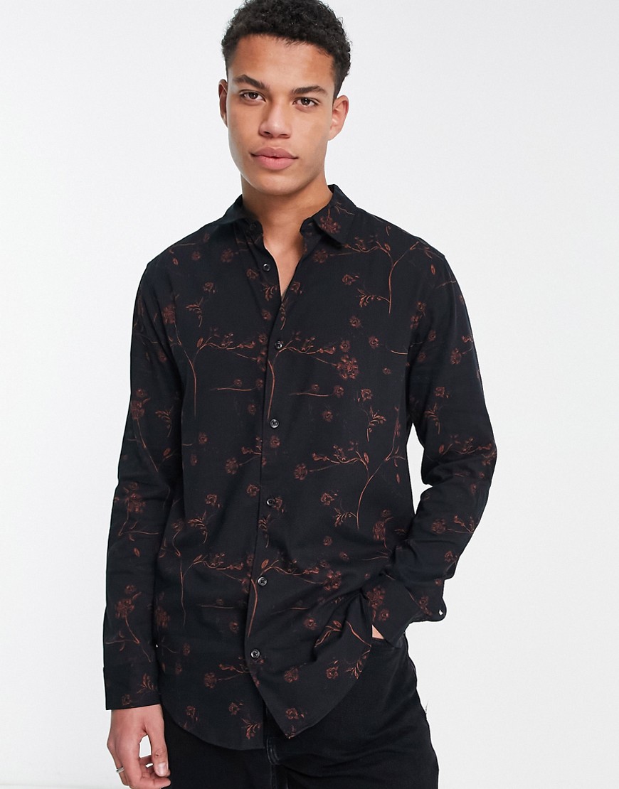 Only & Sons long sleeve shirt with floral print in black and brown