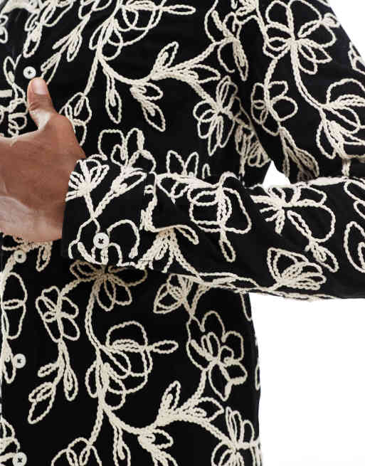 ONLY & SONS long sleeve shirt with textured rope detail in black, 4 of 4