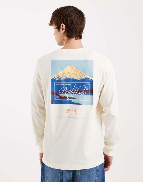 ONLY & SONS long sleeve t-shirt with peak back and chest prints in cream - view 1