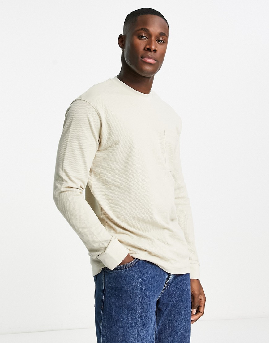 Only & Sons long sleeve waffle t-shirt in beige-White