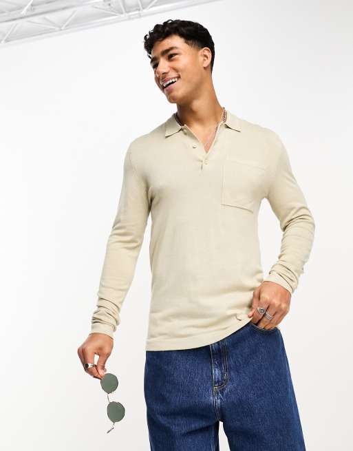 Only & Sons long-sleeved knitted polo in beige