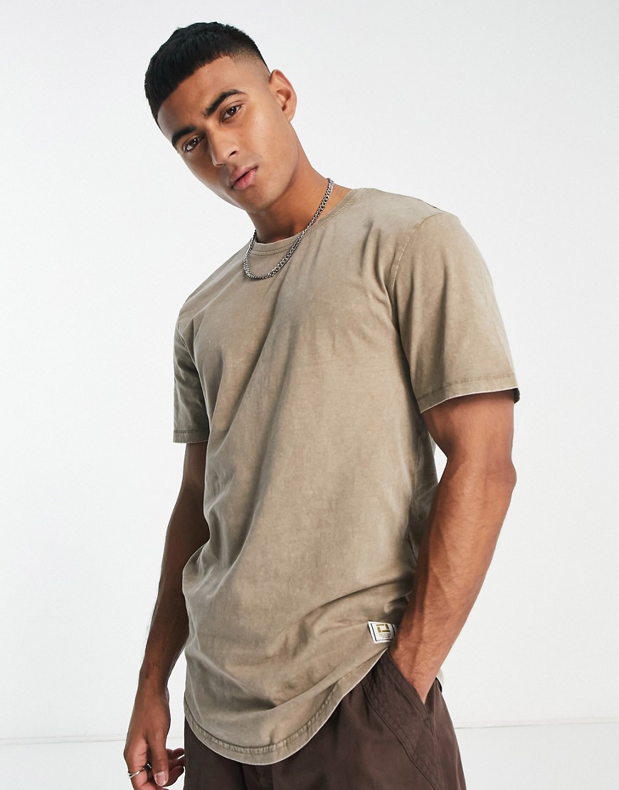 Only & Sons longline curve hem T-shirt in washed beige-Neutral