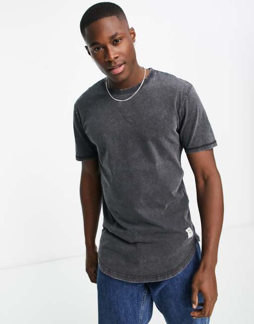 Only & Sons longline curve hem t-shirt in washed black