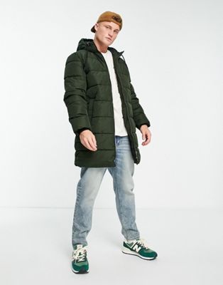 Only & Sons longline heavy weight puffer in khaki