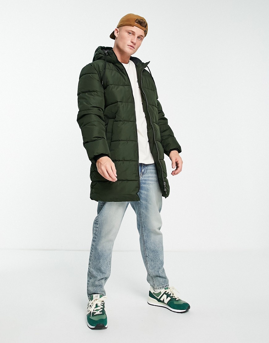 ONLY & SONS longline heavy weight puffer in khaki-Green