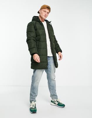 ONLY & SONS longline heavy weight puffer in khaki | ASOS