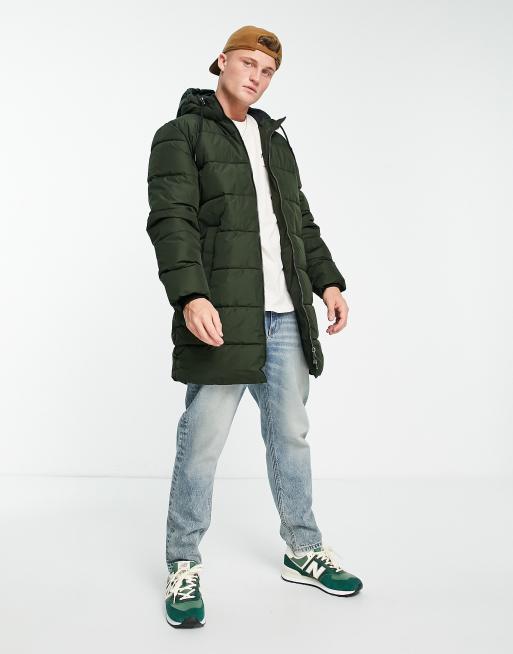 Only & Sons longline heavy weight puffer jacket in khaki