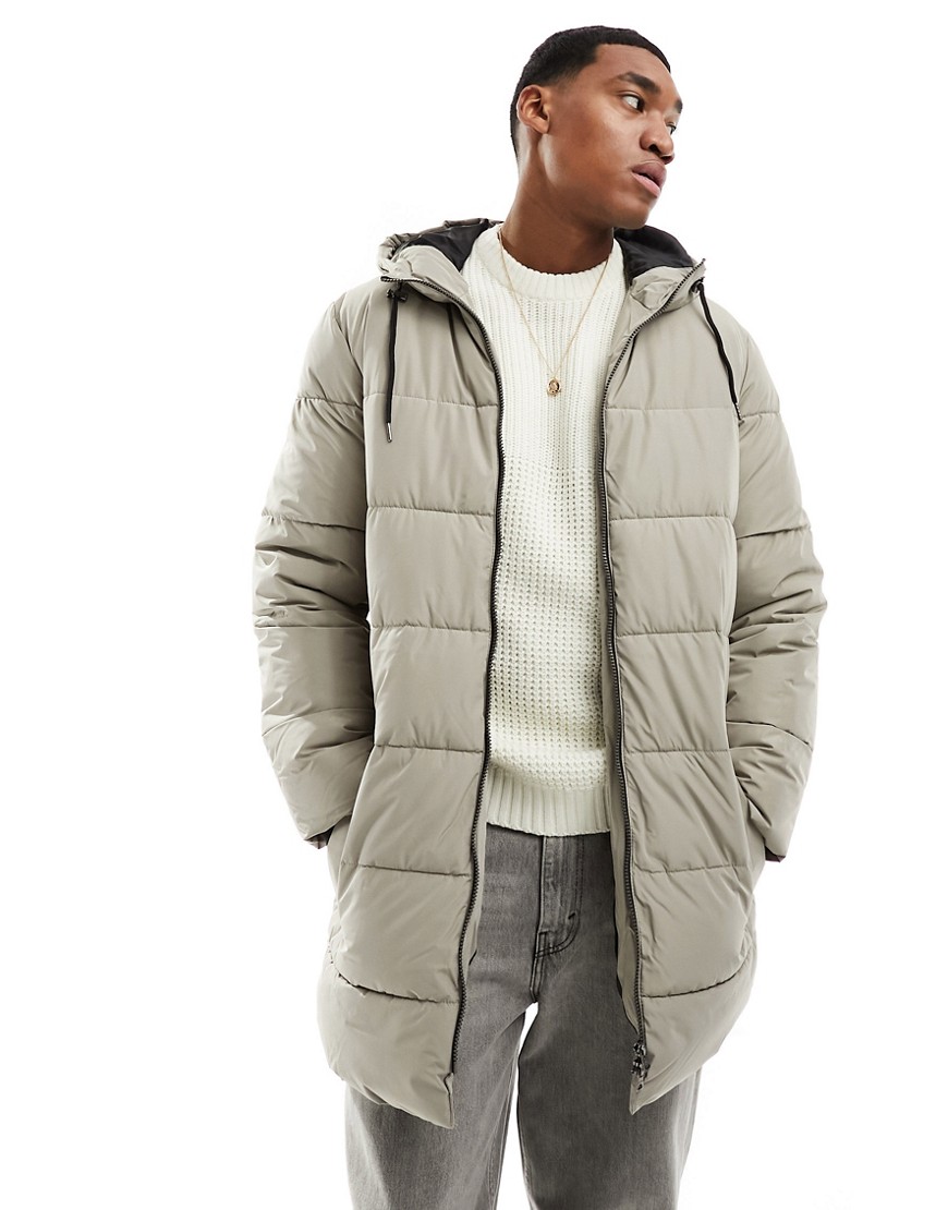 ONLY & SONS longline hood puffer jacket in beige-Neutral