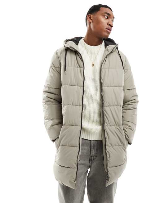 ONLY & SONS longline hood puffer jacket in beige | ASOS