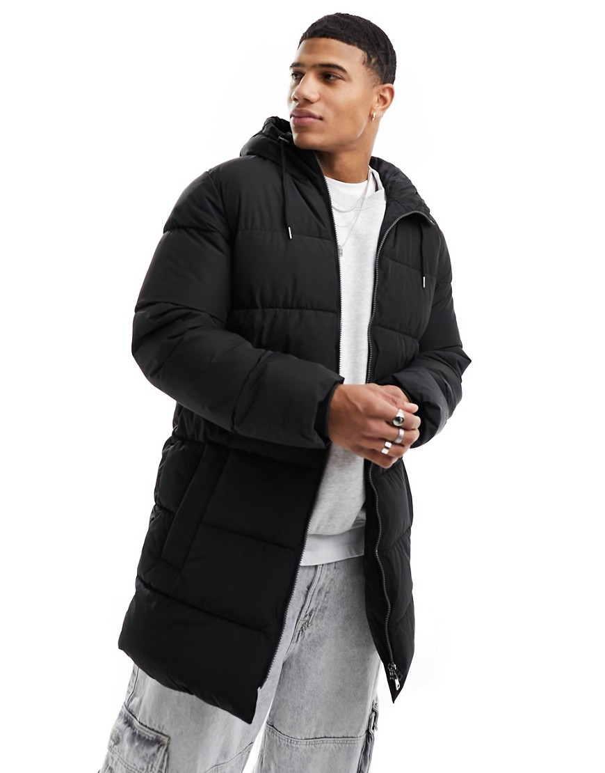 longline hood puffer jacket in black