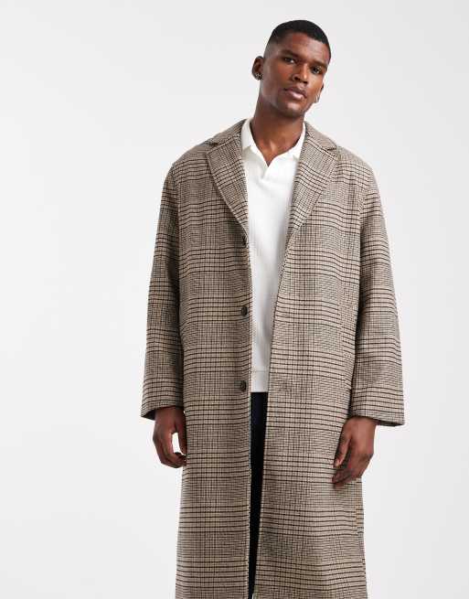 ONLY & SONS – Longline-Mantel mit braunem Hahnentrittmuster und überschnittener Schulter, 2 von 5