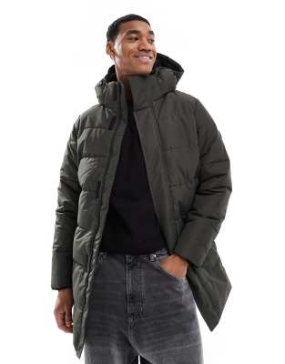 longline quilted coat with hood in dark green