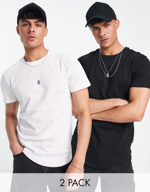 Only & Sons – Longline-Shirt mit abgerundetem Saum in Schwarz und Weiß im 2er-Pack