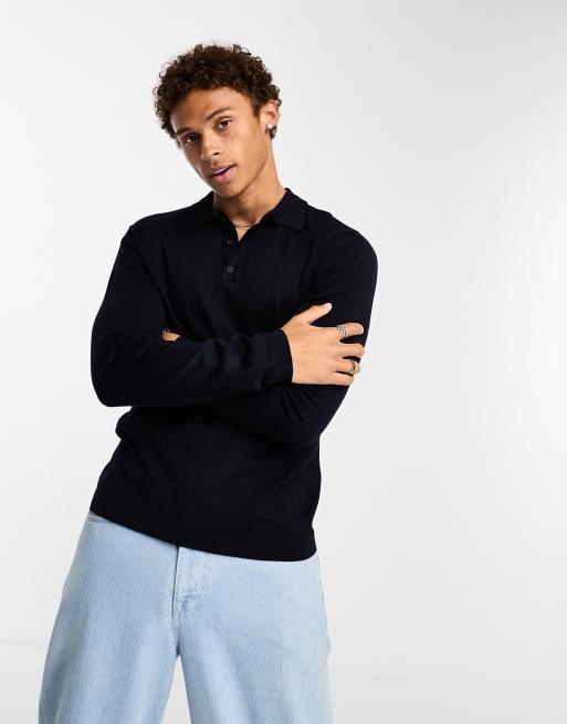 ONLY & SONS longsleeve knitted polo in navy | ASOS