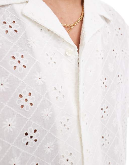 ONLY & SONS loose fit broderie shirt in white, 3 of 4