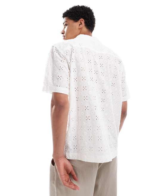 ONLY & SONS loose fit broidery shirt in white, 4 of 4