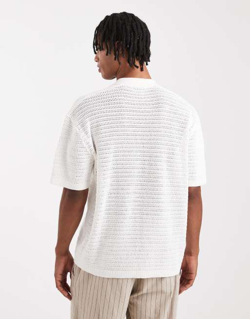 ONLY & SONS loose fit crochet shirt in cream, 3 of 5