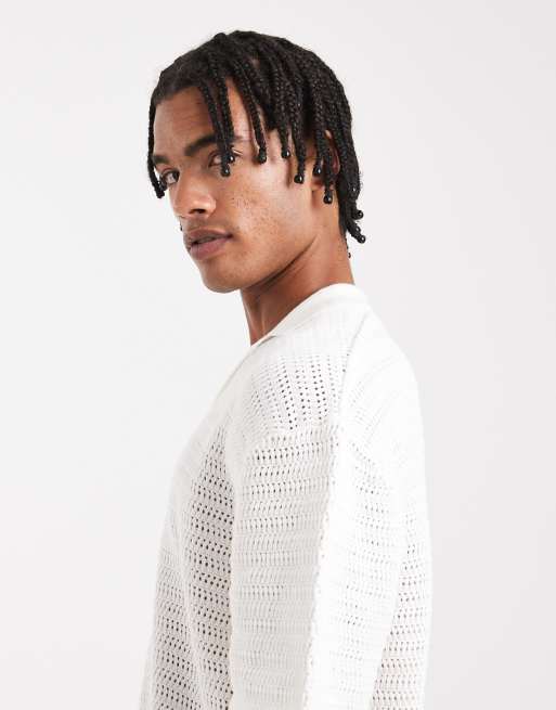 ONLY & SONS loose fit crochet shirt in cream, 4 of 5