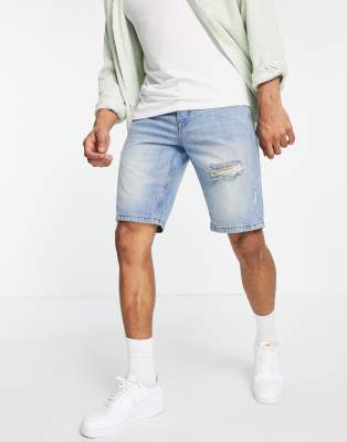 Only & Sons Loose Fit Denim Shorts With Rips In Blue-blues