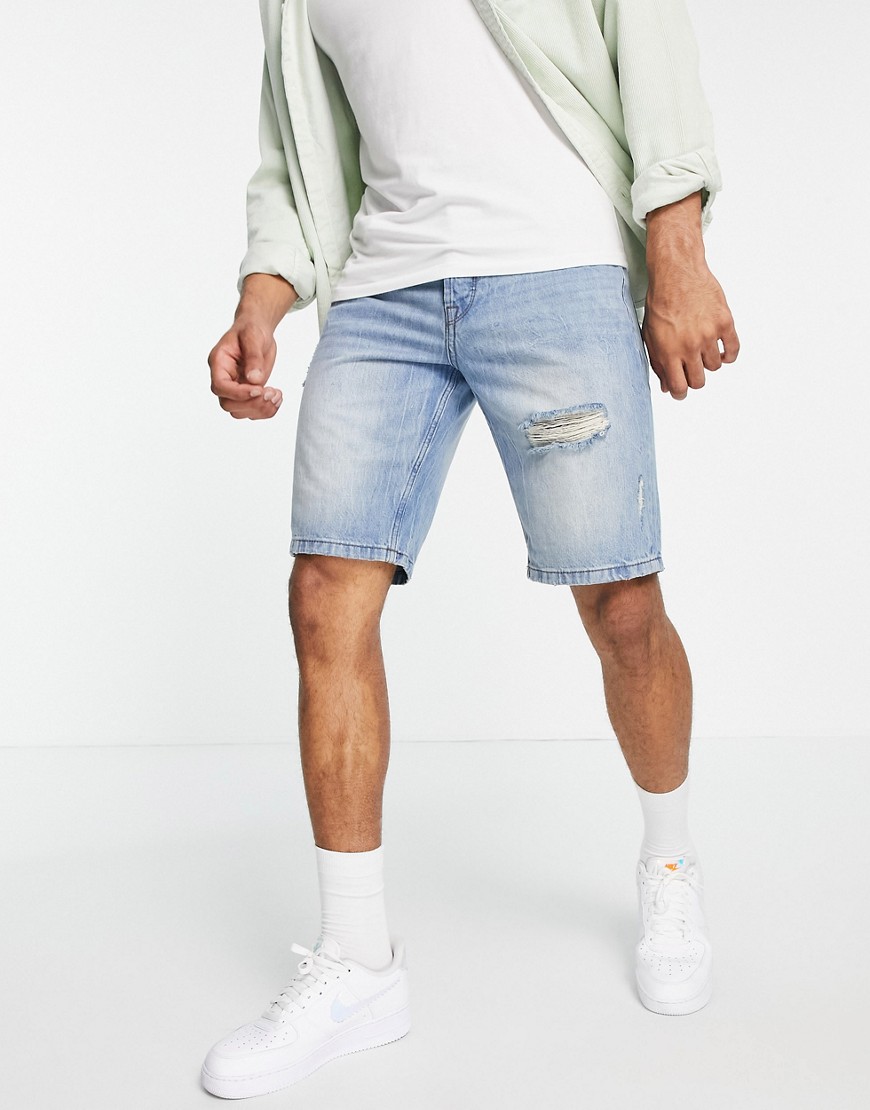 Only & Sons loose fit denim shorts with rips in blue-Blues