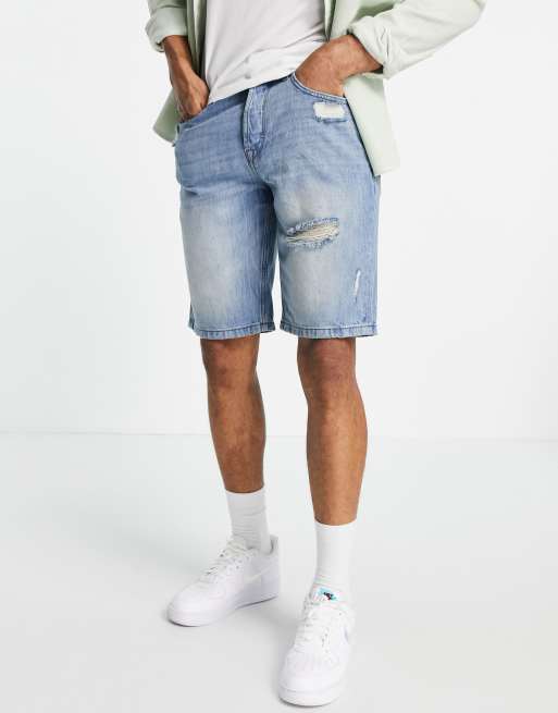 Only & Sons loose fit denim shorts with rips in blue