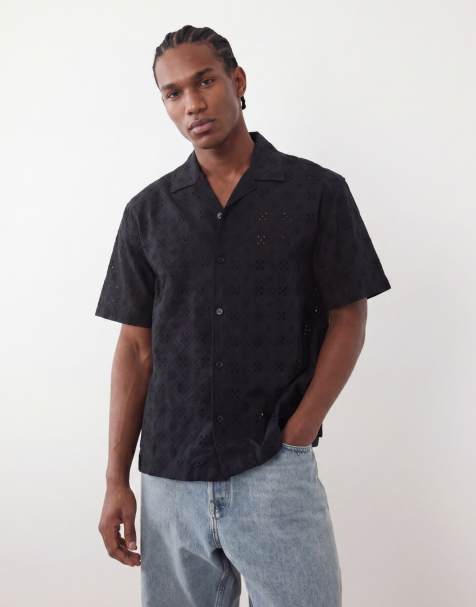 ONLY & SONS loose fit eyelet shirt in black - view 1