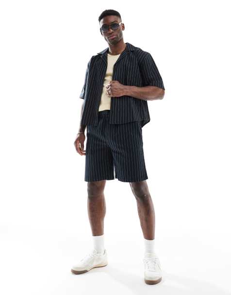 ONLY & SONS loose fit linen mix shorts in black pinstripe - part of a set - view 1