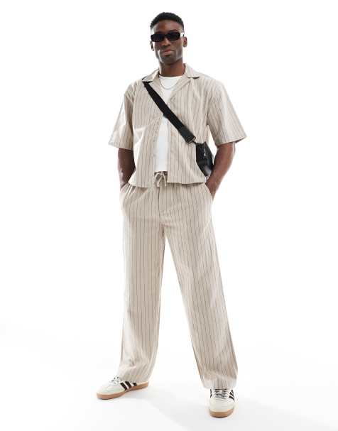 ONLY & SONS loose fit linen pants in beige pinstripe - part of a set - view 1