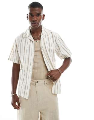 loose fit short sleeve shirt in beige stripe-White
