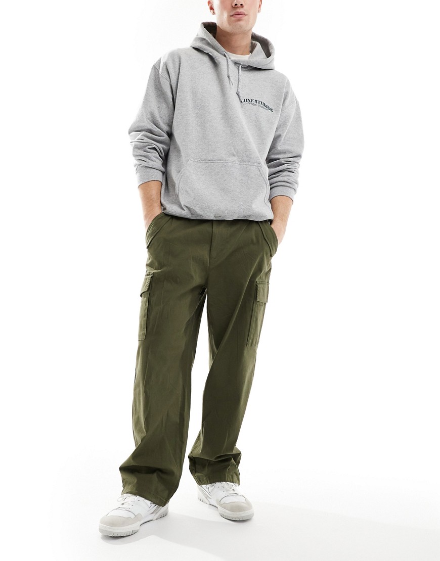 loose fit utility cargo pants with cuff in khaki-Green