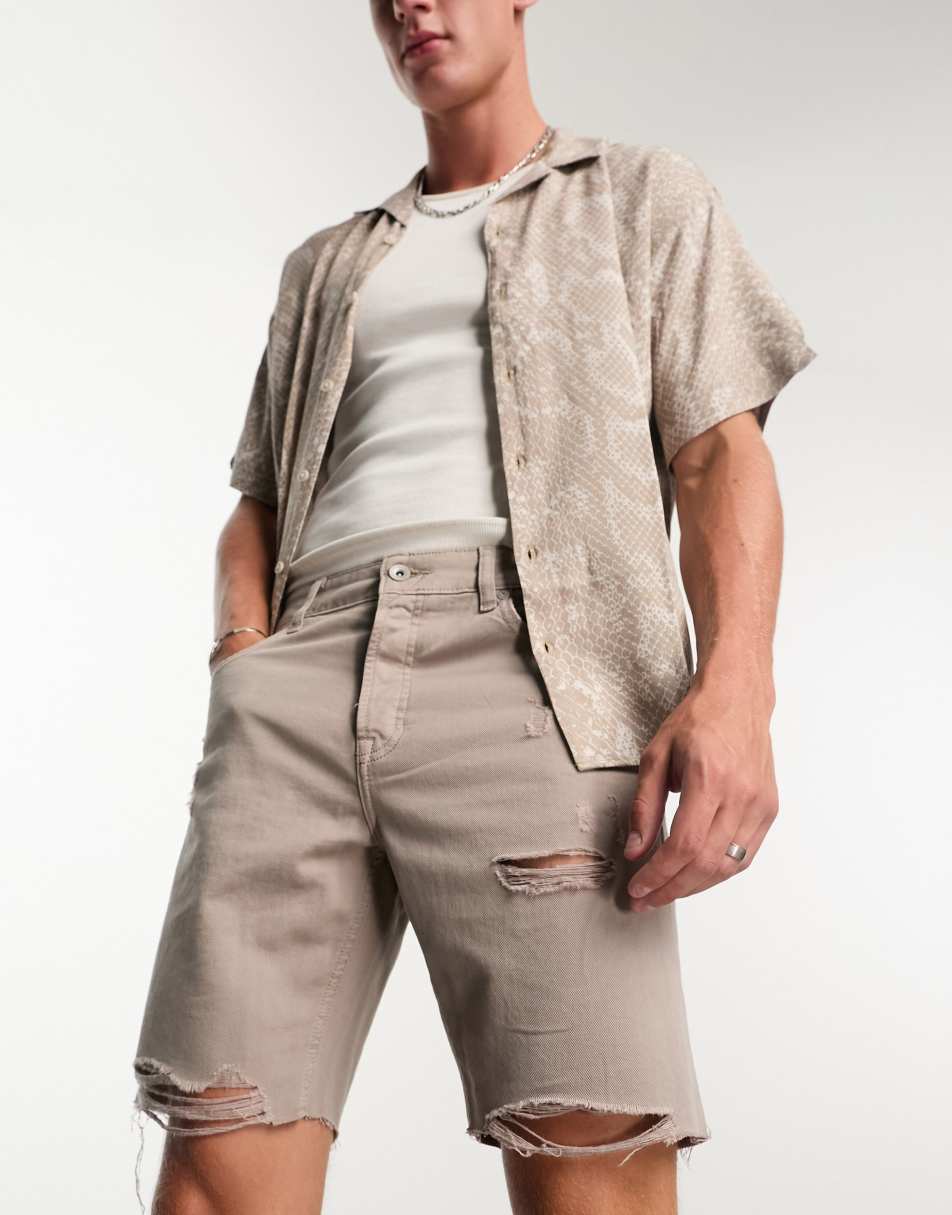 Only & Sons loose fit washed denim shorts with distressing in beige