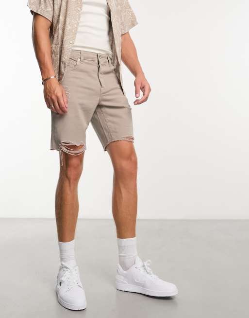 Only & Sons loose fit washed denim shorts with distressing in beige