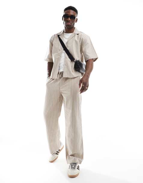 ONLY & SONS loose linen fit set in beige pinstripe - view 1